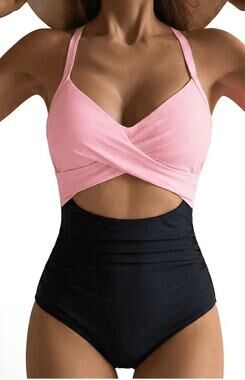 Hilor One piece swim suit pink black adjustable straps 8 NWT cutout high waist